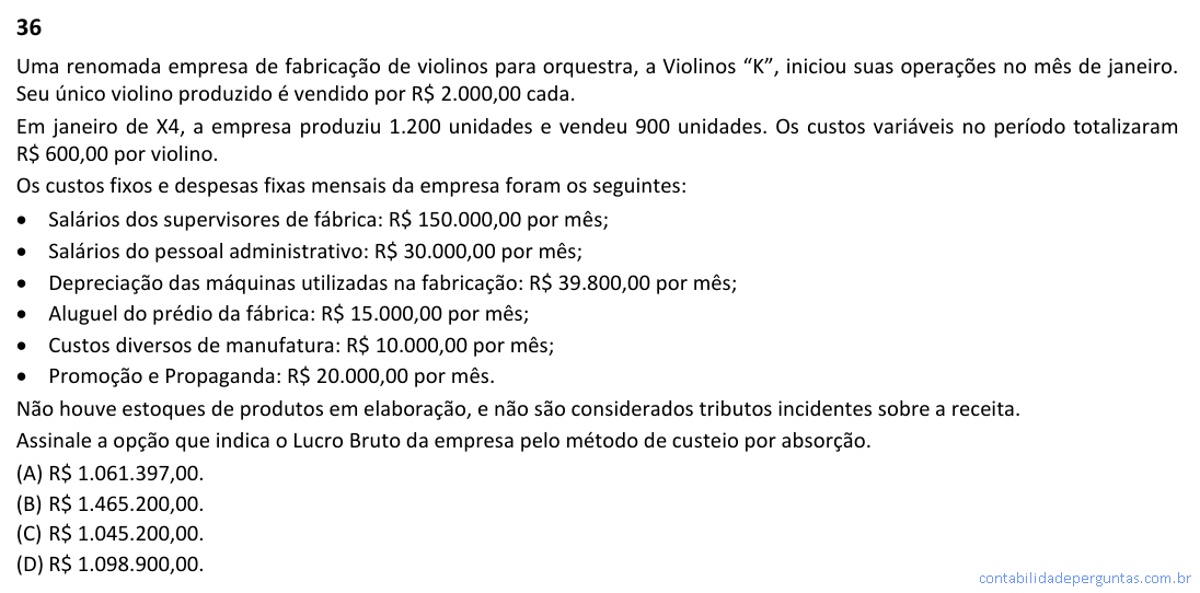 Questão 36 CFC 2026.1 — Custeio por Absorção